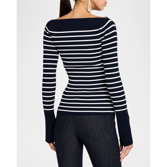 NWT A.L.C. Anya Size XL Ribbed Stripe Boat-Neck Sweater Blouse Top Blue White - Picture 2 of 12